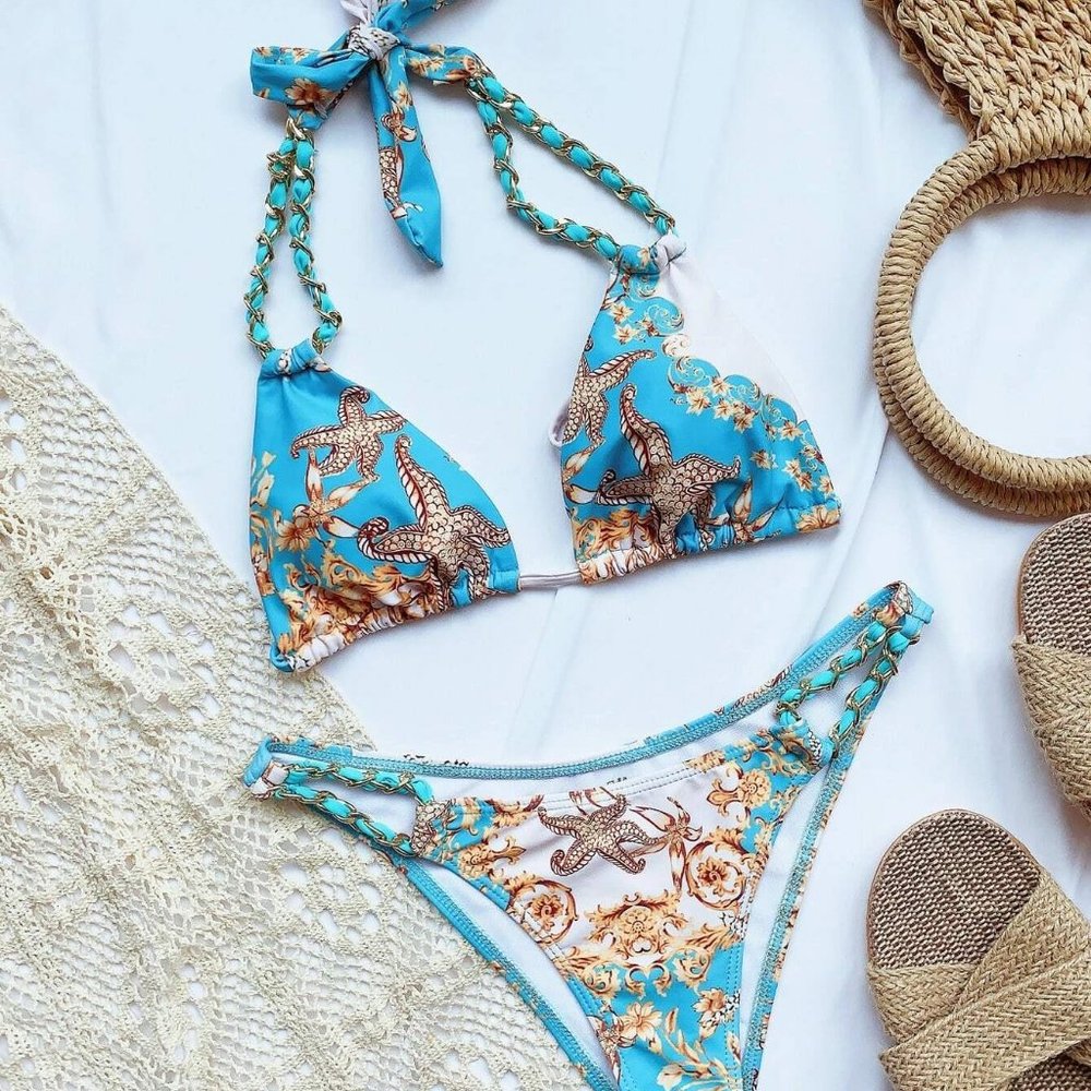 Starfish & Baroque Print Triangle Halter Bikini - Picture 2 of 4
